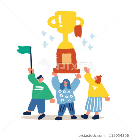 人們舉起獎杯的簡單平面圖 人們舉起獎杯的簡單平面圖 113054206