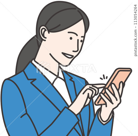 A woman in a business suit tapping on a smartphone A woman in a business suit tapping on a smartphone 113054264