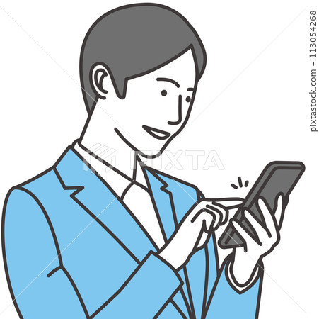 A man in a business suit tapping on a smartphone A man in a business suit tapping on a smartphone 113054268