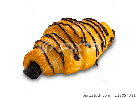 Closeup view of single homemade delicious chocolate croissant. Closeup view of single homemade delicious chocolate croissant. 113054381