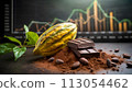 Cocoa fruit with dark chocolate and chocolate powder on the stock trading board graph in the background 113054462