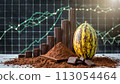 Cocoa fruit with dark chocolate and chocolate powder on the stock trading board graph in the background 113054464
