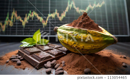 Cocoa fruit with dark chocolate and chocolate powder on the stock trading board graph in the background 113054465