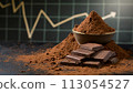 Dark chocolate Dark chocolate and chocolate powder on the stock trading board graph in the backgroundand chocolate powder on the stock trading board graph in the background 113054527