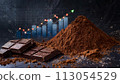 Dark chocolate Dark chocolate and chocolate powder on the stock trading board graph in the backgroundand chocolate powder on the stock trading board graph in the background 113054529