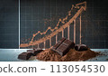 Dark chocolate Dark chocolate and chocolate powder on the stock trading board graph in the backgroundand chocolate powder on the stock trading board graph in the background 113054530