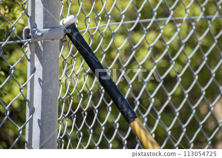 baseball bat leaning against the fence baseball bat leaning against the fence 113054725