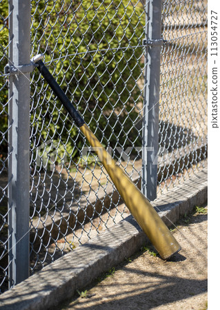 baseball bat leaning against the fence baseball bat leaning against the fence 113054727