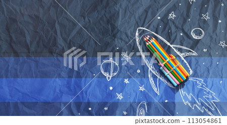 Back to school theme with hand drawn rocket and colored pencils 113054861