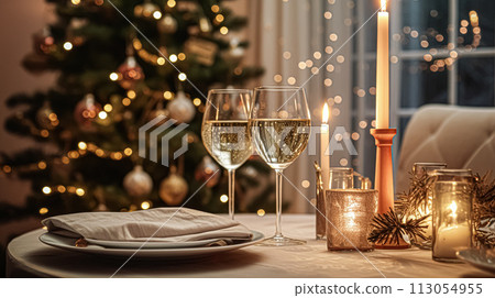 Festive date night tablescape idea, dinner table setting for two and Christmas, New Year, Valentines day decor, English country home styling 113054955