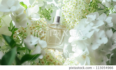 Perfume bottle in flowers, fragrance on blooming background, floral scent and cosmetic product 113054966