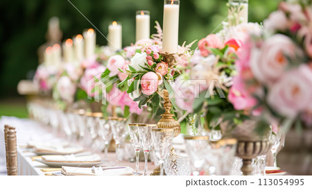 Wedding decoration with peonies, floral decor and event celebration, peony flowers and wedding ceremony in the garden, English country style 113054995