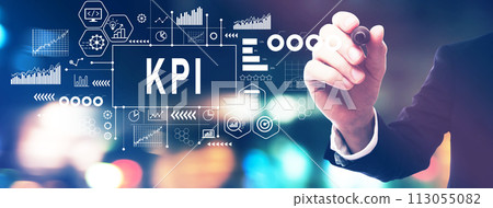 KPI - Key Performance Indicator theme with a businessman holding a marker KPI - Key Performance Indicator theme with a businessman holding a marker 113055082