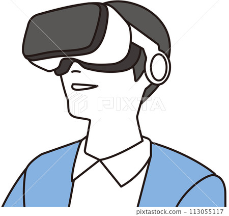 Illustration of a smiling man wearing VR goggles 113055117