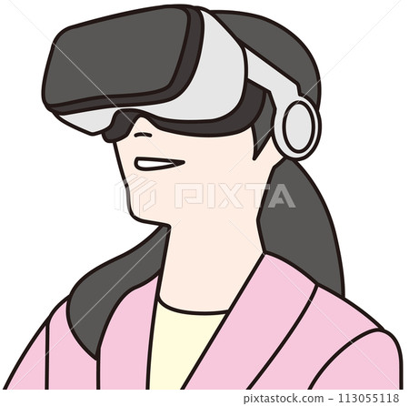 Illustration of a smiling woman wearing VR goggles 113055118