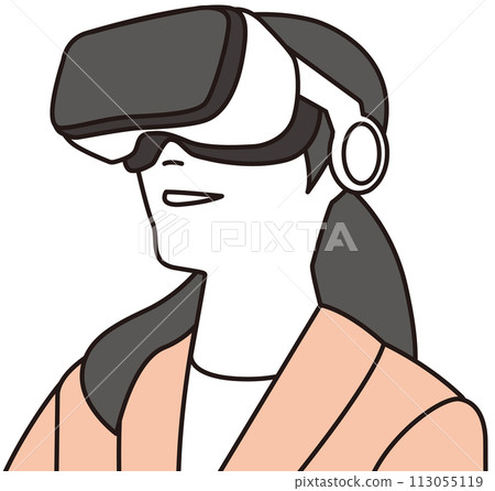 Illustration of a smiling woman wearing VR goggles Illustration of a smiling woman wearing VR goggles 113055119