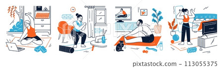 People characters online home workout by video scene set 113055375