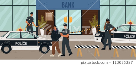 Police officers arresting bank robbers vector scene 113055387