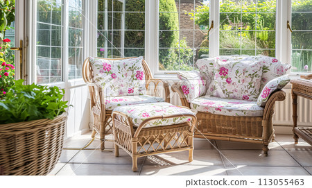 Cottage conservatory room decor, interior design and house improvement, garden furniture with sofa and home decor, English country house 113055463