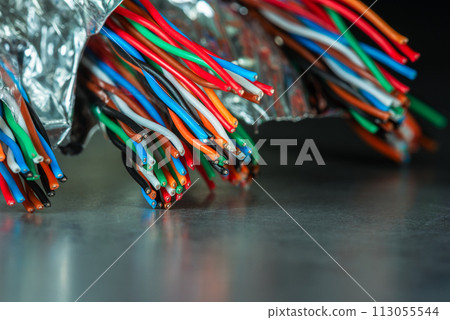 Shielded telecommunication electric cable wire on close-up 113055544