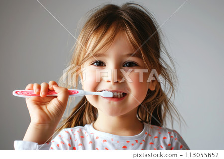 Little girl holding a toothbrush cleaning teeth 113055652