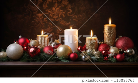 Radiating holiday cheer and warmth with this beautifully arranged Christmas scene 113055765