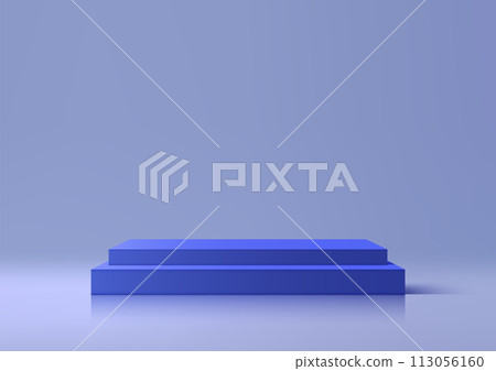 3D simple and elegant blue podium with steps sits on a matching blue background. Product display, Minimal style 3D simple and elegant blue podium with steps sits on a matching blue background. Product display, Minimal style 113056160