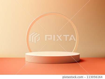 3D realistic orange color podium platform with circle frame backdrop minimal wall scene on beige background 3D realistic orange color podium platform with circle frame backdrop minimal wall scene on beige background 113056164