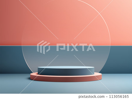3D blue podium stand with circle glass backdrop minimal wall scene background is perfect for modern interior concept product display mockups 3D blue podium stand with circle glass backdrop minimal wall scene background is perfect for modern interior concept product display mockups 113056165