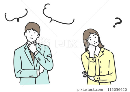 Vector illustration set of men, women, and people who get lost, think, worry, and have doubts. White background, no background. 113056620