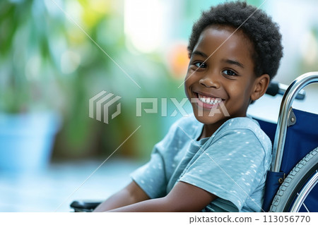 African-American boy sitting on a wheelchair 113056770