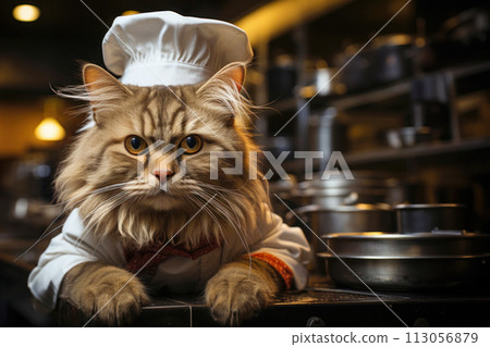 cute big cat as chef with white cap and costume in the kitchen of restaurant 113056879