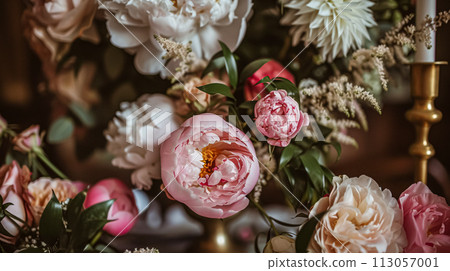 Wedding decoration with peonies, floral decor and event celebration, peony flowers and wedding ceremony in the garden, English country style Wedding decoration with peonies, floral decor and event celebration, peony flowers and wedding ceremony in the garden, English country style 113057001