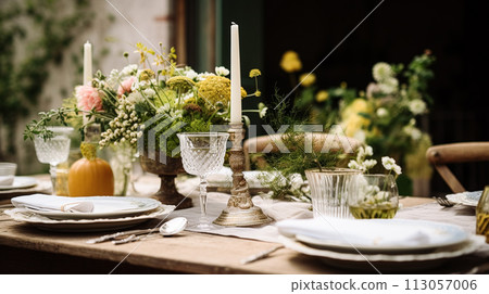 Table decor, holiday tablescape and dinner table setting in countryside garden, formal event decoration for wedding, family celebration, English country and home styling 113057006