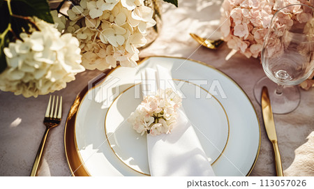 Wedding or formal dinner holiday celebration tablescape with hydrangea flowers in the English countryside garden, table setting and wine, floral table decor for family dinner party, home styling Wedding or formal dinner holiday celebration tablescape with hydrangea flowers in the English countryside garden, table setting and wine, floral table decor for family dinner party, home styling 113057026