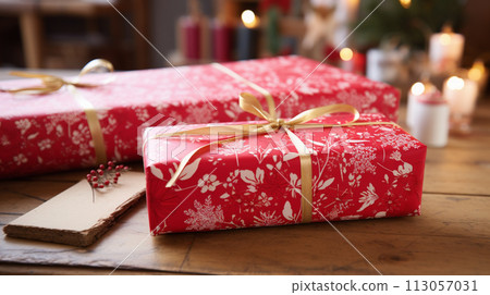 Christmas gift wrapping idea for boxing day and winter holidays in the English countryside tradition 113057031