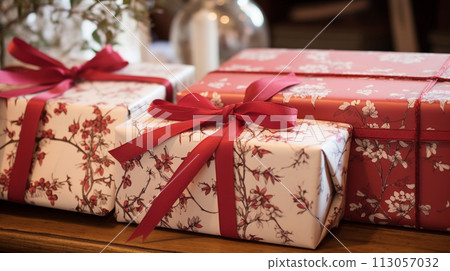Christmas gift wrapping idea for boxing day and winter holidays in the English countryside tradition 113057032