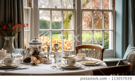 Christmas holiday family breakfast, table setting decor and festive tablescape, English country and home styling Christmas holiday family breakfast, table setting decor and festive tablescape, English country and home styling 113057039