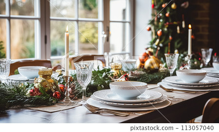 Christmas holiday family breakfast, table setting decor and festive tablescape, English country and home styling Christmas holiday family breakfast, table setting decor and festive tablescape, English country and home styling 113057040