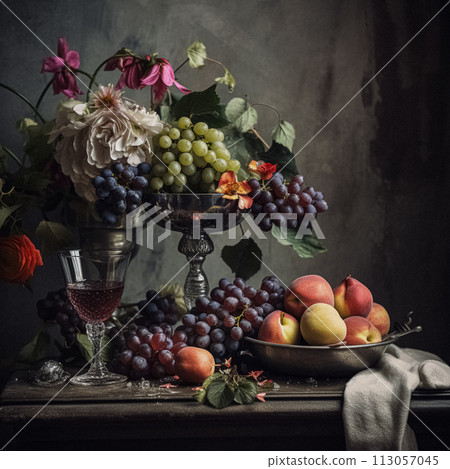 Imperial still life, featuring a glass of red wine, a bounty of fresh fruit, and a classic vase overflowing with flowers 113057045
