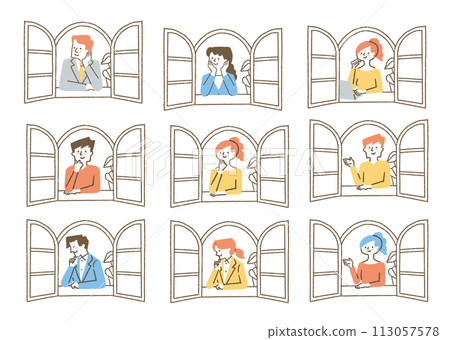 Set of people looking out the window_color Set of people looking out the window_color 113057578