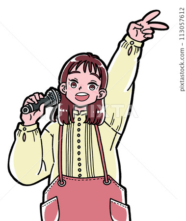 A girl holding a microphone and playing peace 113057612