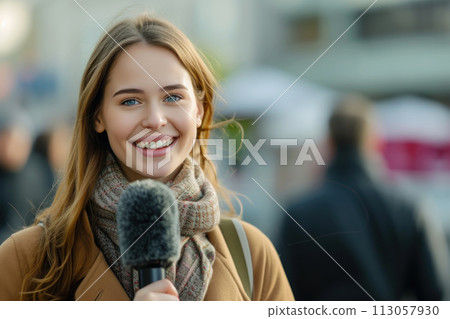 Journalist female with holding microphone 113057930