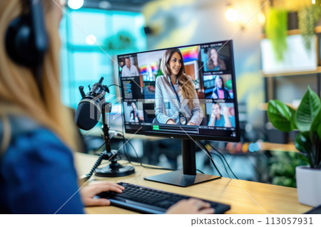 Woman working online business conference on video call. Work from home concept Woman working online business conference on video call. Work from home concept 113057931