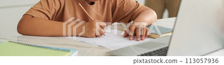 Header with boy doing math homework Header with boy doing math homework 113057936