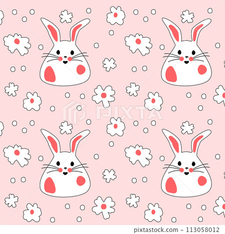 Seamless pattern with cute white rabbits with flowers. Easter bunnies for printing on childrens products, fabric and wallpaper on a pink background. Cartoon flat vector illustration. 113058012
