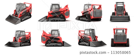 Set of Rent Large Track Skidloader 3d rendr on white 113058065