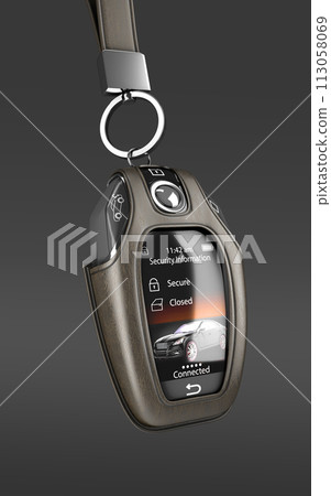 Car remote control key in lather case realistic perspective view 3d render on darck Car remote control key in lather case realistic perspective view 3d render on darck 113058069