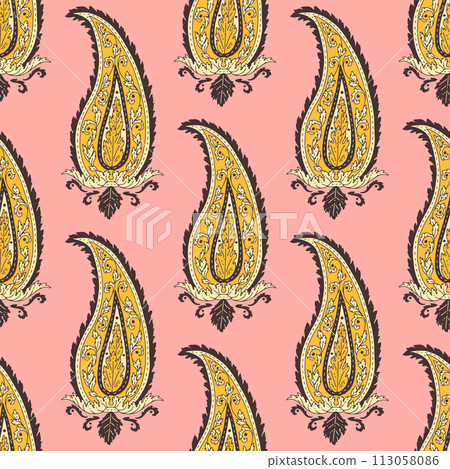 Colorful seamless pattern with yellow Paisley motifs on pink background 113058086