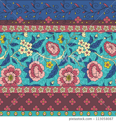 Floral seamless border pattern with indian trailing flowers motifs 113058087
